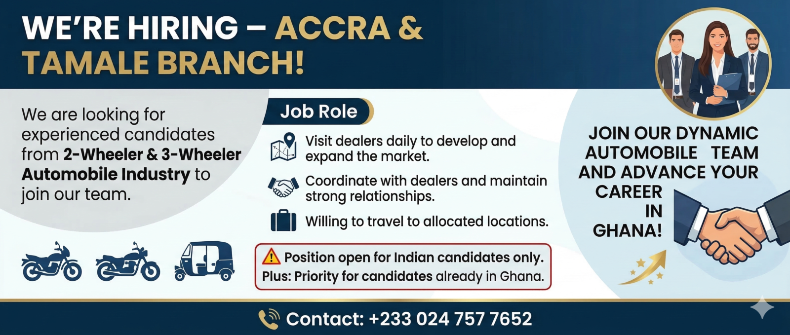 Job Opportunity – 2-Wheeler & 3-Wheeler Automobile Industry (Accra & Tamale) 181 Automobile Job